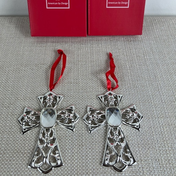 Lenox Bejeweled Ornaments Silverplate Clear Stone Cross Set of 2 New In Box - Picture 1 of 10